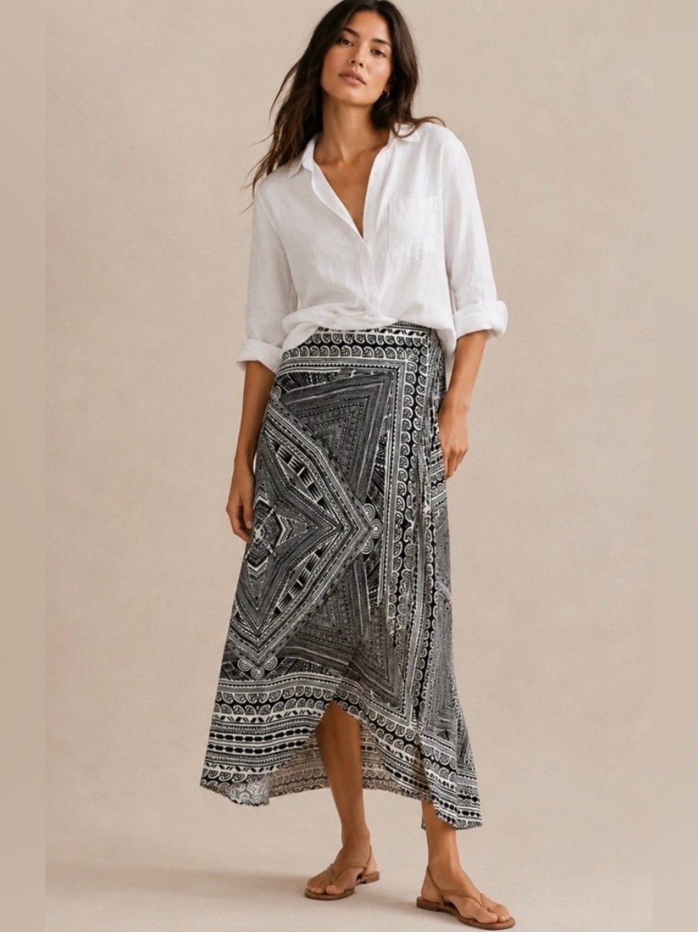 Maeve Anthropologie Black White Geometric Tile Print Faux Wrap Maxi Skirt Sz Med